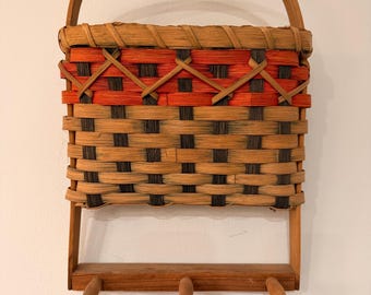 Handwoven Wall Basket with Peg Hooks | Signed Artisan Basket 2001 | Rustic Cottage Decor | Entryway Organizer