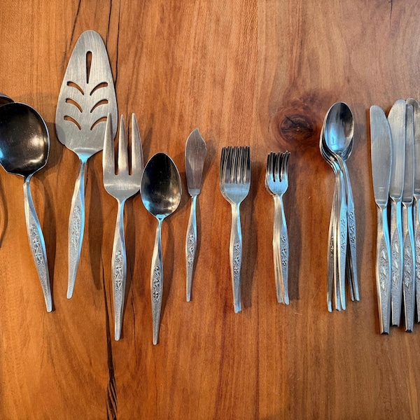 Vintage Floral Stainless Steel Flatware Set – Midcentury Japan, 38 Pieces