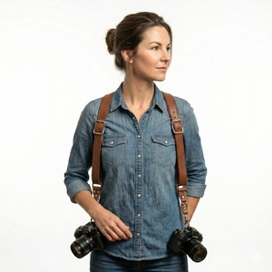 May include: A brown leather camera harness with two cameras attached. The harness has adjustable straps and metal buckles. The photographer is wearing a denim shirt and jeans. The background is plain white.