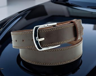 Handmade Men's Chocolate Brown Cowhide Belt, Contrast Stitched, Silver Buckle, Italian Made