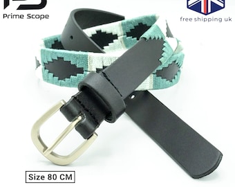 Handmade Leather Polo Belt - Embroidered Argentine Gaucho Design - Green Pattern - Free UK Shipping