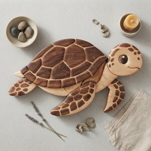 May include: A wooden sea turtle puzzle featuring a dark brown shell with segmented pieces and a light tan head and flippers with dark brown spots. The turtle is crafted from smooth wood with visible grain patterns and rounded edges throughout the design.