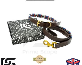 Handmade  Dog Collar and Lead Set | Sky Blue, Red Blue & Reddish Brown Pattern Adjustable