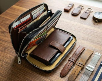 Cowhide Leather Pouch, Western Style Zip Wallet, Phone Organizer, Handmade
