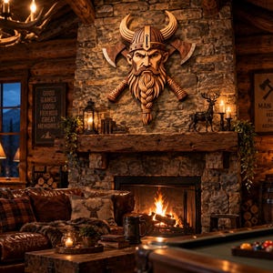 May include: A wooden wall art piece featuring a carved Viking warrior head with a horned helmet and a braided beard, positioned in front of two crossed battle axes. The sculpture is mounted on a stone fireplace above a burning fire.