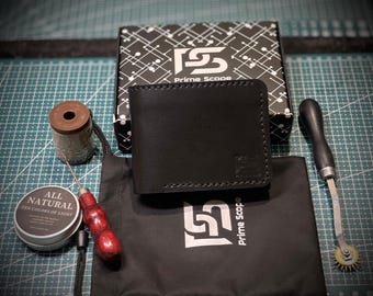 Handmade Black Leather Bi-Fold Wallet with Coin Purse