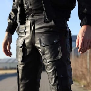 Men&#39;s Handmade Real Leather Cargo Pants: Biker Style