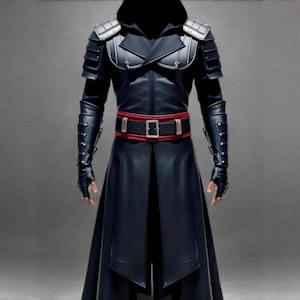 Men’s Black Leather Assassin Coat | Hooded Long Trench Coat with Armor | Gothic Steampunk Cosplay Outfit | Handmade Fantasy Warrior Costume