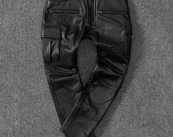 Men's Lambskin Leather Pants Cargo Pockets Pleated Panels Bikers Pants