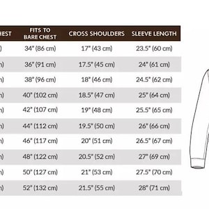 May include: A diagram showing garment size measurements for a jacket. Measurements include garment chest, fits to bare chest, cross shoulders, and sleeve length in inches and centimeters. A jacket outline illustrates the measurement points.