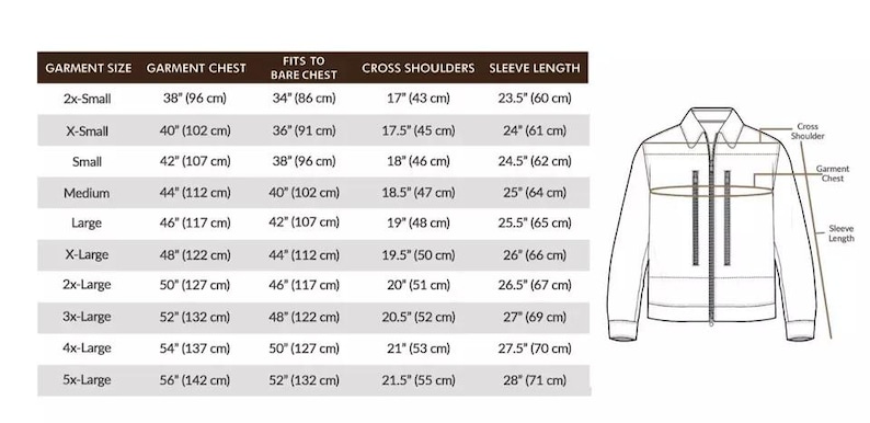 May include: A diagram showing garment size measurements for a jacket. Measurements include garment chest, fits to bare chest, cross shoulders, and sleeve length in inches and centimeters. A jacket outline illustrates the measurement points.