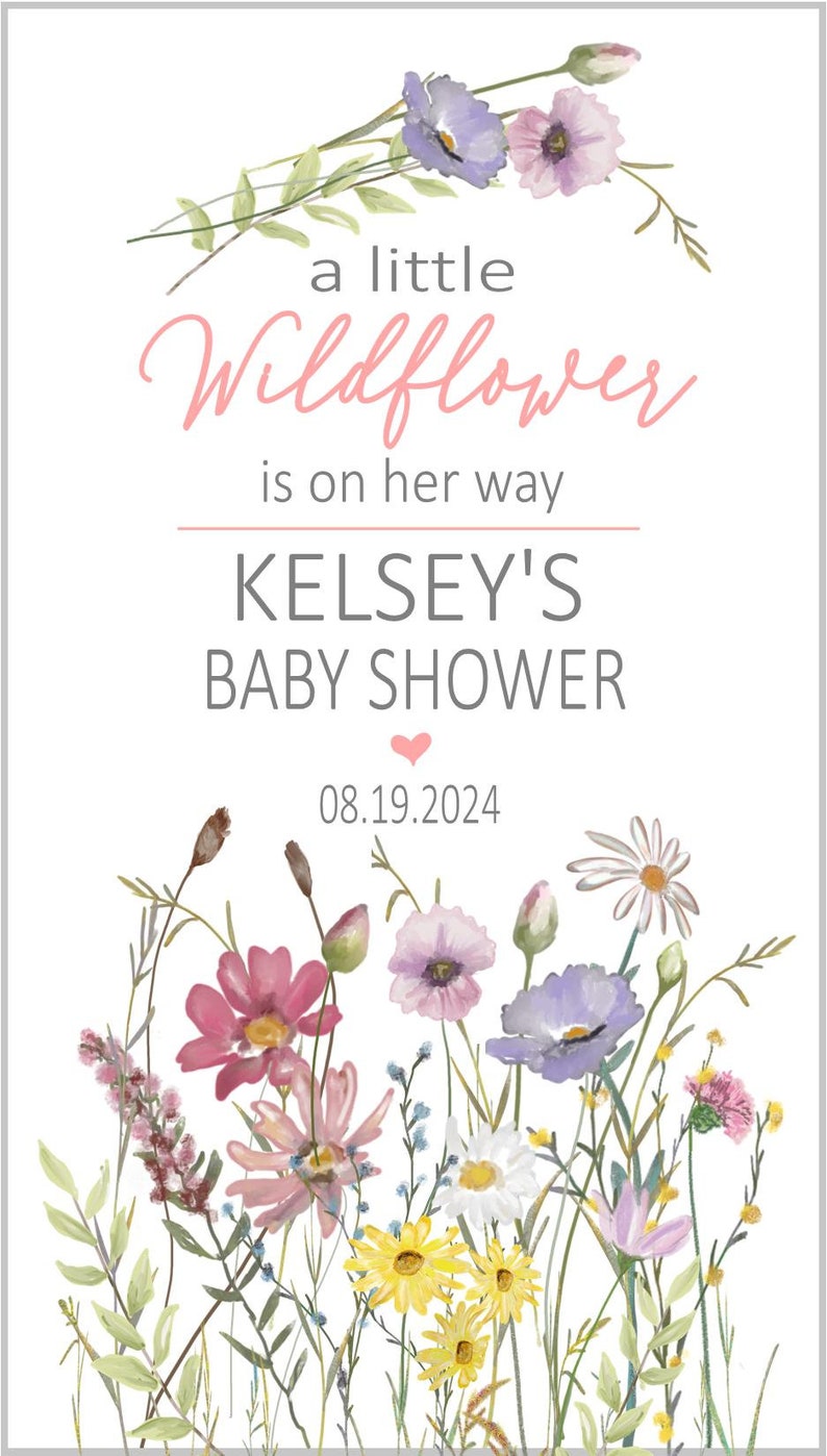 May include: A white card with a floral design and the text "a little Wildflower is on her way KELSEY'S BABY SHOWER 08.19.2024"