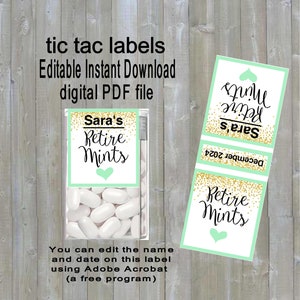 Retire mint Tic tac labels, do it yourself Instant download -you edit - you print, digital Pdf file) DIY # TIC789200 Faux Gold