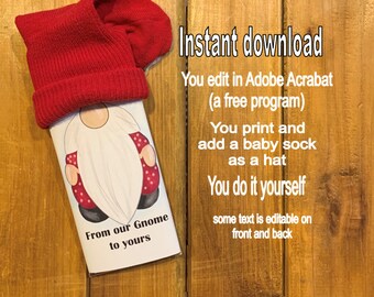 Gnome Christmas Candy Bar Wrapper Instant download editable Printable (do it yourself) DIY (1- PDF file) Christmas favor 80001
