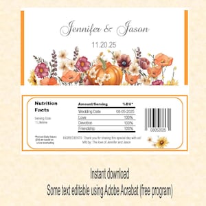 Fall Wedding Candy Bar Wrapper with wildflowers and pumpkin, Instant download, editable Printable (do it yourself) - WED805 DIY(1- PDF file)