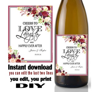 Wedding wine label Burgundy, love and laughter, burgundy, pink flower, shower,  (Instant download, Editable  digital Pdf file) DIY #3480