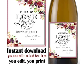 Wedding wine label Burgundy, love and laughter, burgundy, pink flower, shower,  (Instant download, Editable  digital Pdf file) DIY #3480