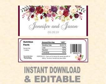 Wedding Candy Bar Wrapper, Instant download, editable Printable (do it yourself) -  WED801  DIY (1- PDF file) Burgundy, Maroon, purple, pink