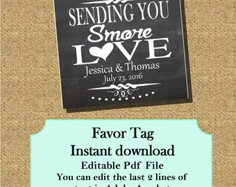 Sending S'more Love favor tag 3" x 3" - Editable Instant download Printable - Faux Chalkboard SMED5054  DIY (1- PDF file)