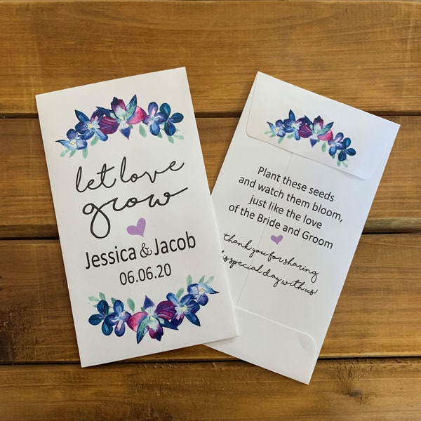 Seed packet wedding favor, Wedding Bridal shower favor, with or without seeds (set of 15) Blue and purple orchid sp20007