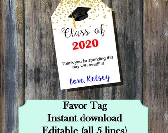 Graduation party favor tags, thank you,  3" x 2.5" - Editable Instant download Printable -  bt200561  DIY (1- PDF file) Any Class of 2021