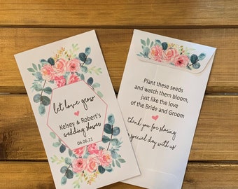 Wedding shower favor Let love grow seed packet favors, Pink flowers and eucalyptus, with or without seeds (set of 15)  sp20028