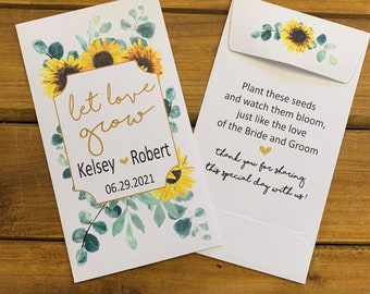 Sunflower Eucalyptus Wedding Let love grow wildflower seed packet favors, Bridal shower favor, with or without seeds (set of 15), sp20093