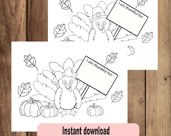 Thanksgiving turkey coloring pages, what are you thankful for  - Instant download - you print,  2 digital Pdf file #crl500 -01