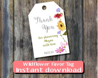 Wildflowers bridal shower or wedding tag, 3" x 2.5" - Editable - Instant download. you edit you print yourself -  bt200800 DIY (1- PDF file)