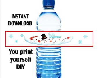 Christmas melted snowman water bottle label, Instant download, do it yourself, comes as is.  80001