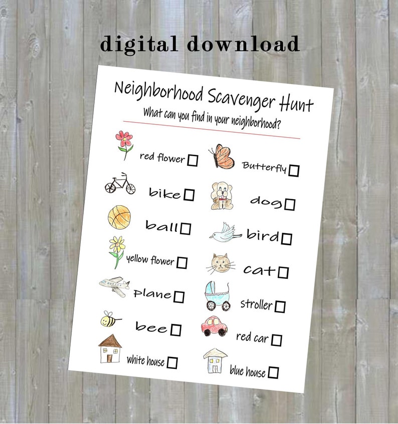 Neighborhood Scavenger hunt, Kids game, take a walk, Instant download digital Pdf file sch90001 image 1