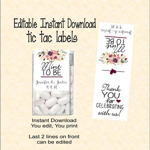 Wedding Tic tac labels, Mint to be - do it yourself - Instant download - you edit - you print,  digital Pdf file) DIY # TIC78881ID