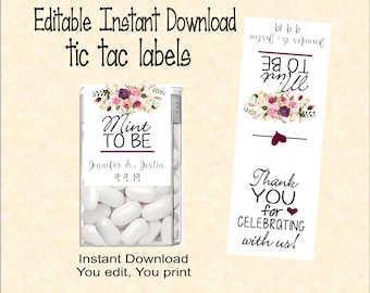 Wedding Tic tac labels, Mint to be - do it yourself - Instant download - you edit - you print,  digital Pdf file) DIY # TIC78881ID