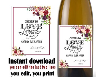 Wedding wine label burgandy, Maroon, purple, pink flower shower, anniversary (Instant download, Editable  digital Pdf file) DIY #3482