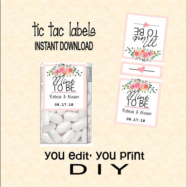 Tic tac labels Mint to be - Wedding- do it yourself - Instant download - you edit - you print,  digital Pdf file) DIY # TIC78863