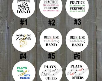 Marching band favors, button badges, music buttons, with pin backs 2.25 inches  (1 set of 18)