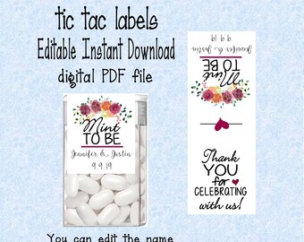Wedding, Tic tac labels, Mint to be do it yourself - Instant download - you edit - you print, digital Pdf file) DIY # TIC78910
