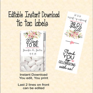 Tic tac labels, Mint to be - Wedding- do it yourself - Instant download - you edit - you print,  digital Pdf file) DIY # TIC78876ID