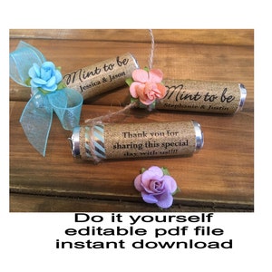 May include: Three brown and white favor boxes with the text "Mint to be" and the names of the couple. The boxes are decorated with small artificial flowers and tied with ribbon. The text on the bottom box reads "Thank you for sharing this special day with us!!!".