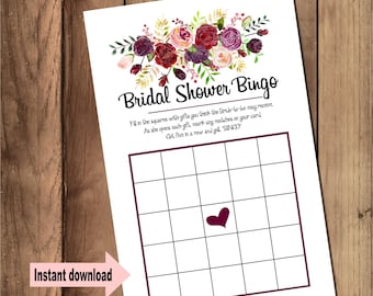 Bridal shower bingo with burgandy and pink flowers, Fun Bridal shower games, Games to play  - Instant download -   digital Pdf file #c110