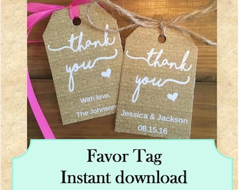 Party Thank you favor tag 3" x 2" - Editable Instant download Printable - Burlap BT20056  DIY (1- PDF file)