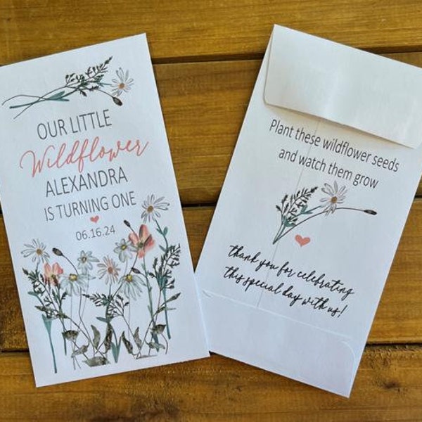 Our little wildflower is turning one, Birthday seed packet favors for any age birthday, with or without seeds (set of 15), sp20153
