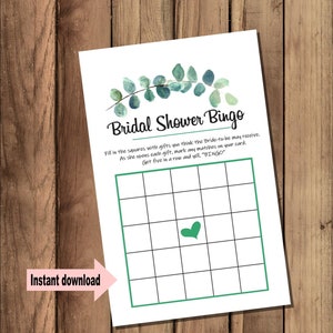 Bridal shower bingo eucalyptus, green leaves Fun Bridal shower games, Games to play  - Instant download -   digital Pdf file #c111