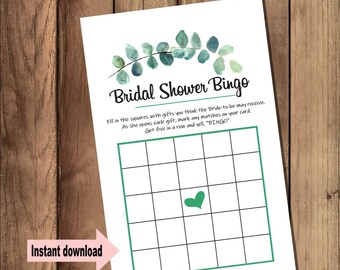 Bridal shower bingo eucalyptus, green leaves Fun Bridal shower games, Games to play  - Instant download -   digital Pdf file #c111