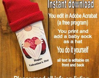 Gnome Valentine's day Candy Bar Wrapper Instant download editable Printable (do it yourself) DIY (1- PDF file)  700153