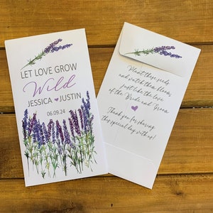 May include: A white card with lavender flowers and the text "Let Love Grow Wild Jessica Justin 06.09.24". The back of the card has instructions for planting lavender seeds and a thank you message for sharing the special day.