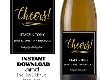 Wedding cheers wine label - you add your names and date or other text, birthday,   (Instant download, Editable  digital Pdf file) DIY #3412