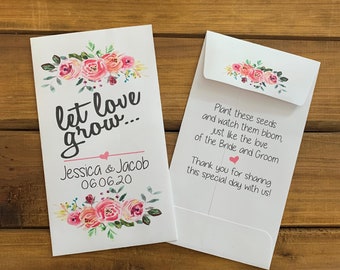 Wedding seed packet, Let love grow wedding favor, Party favor, with or without seeds (set of 15), pink flowers, sp20002