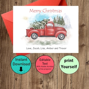 Carte de camion rouge vintage joyeux Noël avec arbre de Noël, faites-le vous-même - Téléchargement instantané - vous modifiez et imprimez, fichier numérique Pdf #cd20011