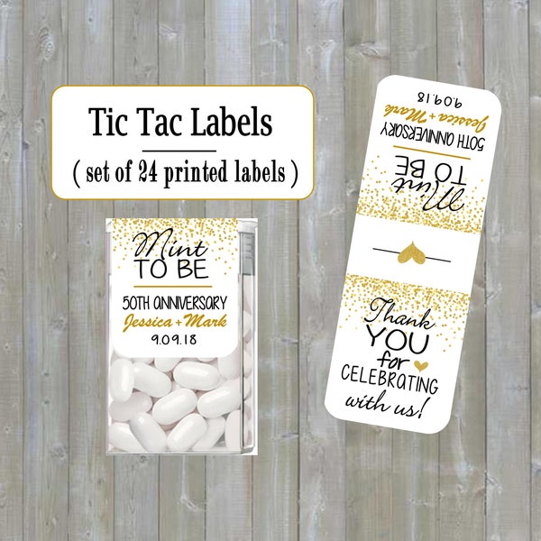 50th Anniversary, tic tac labels, Mint to be, gold Confetti, favors, labels  - (set of 24 printed labels) - Weddings, TIC789147 - Faux Gold